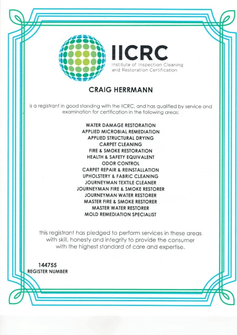 Craig Herrmann IICRC personal certification listing Water Damage Restoration, Applied Structural Drying, Master Water Restorer and more