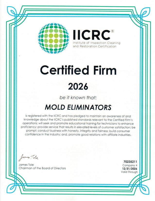 Mold Eliminators IICRC Certified Firm 2026 certificate valid through 12/31/2026